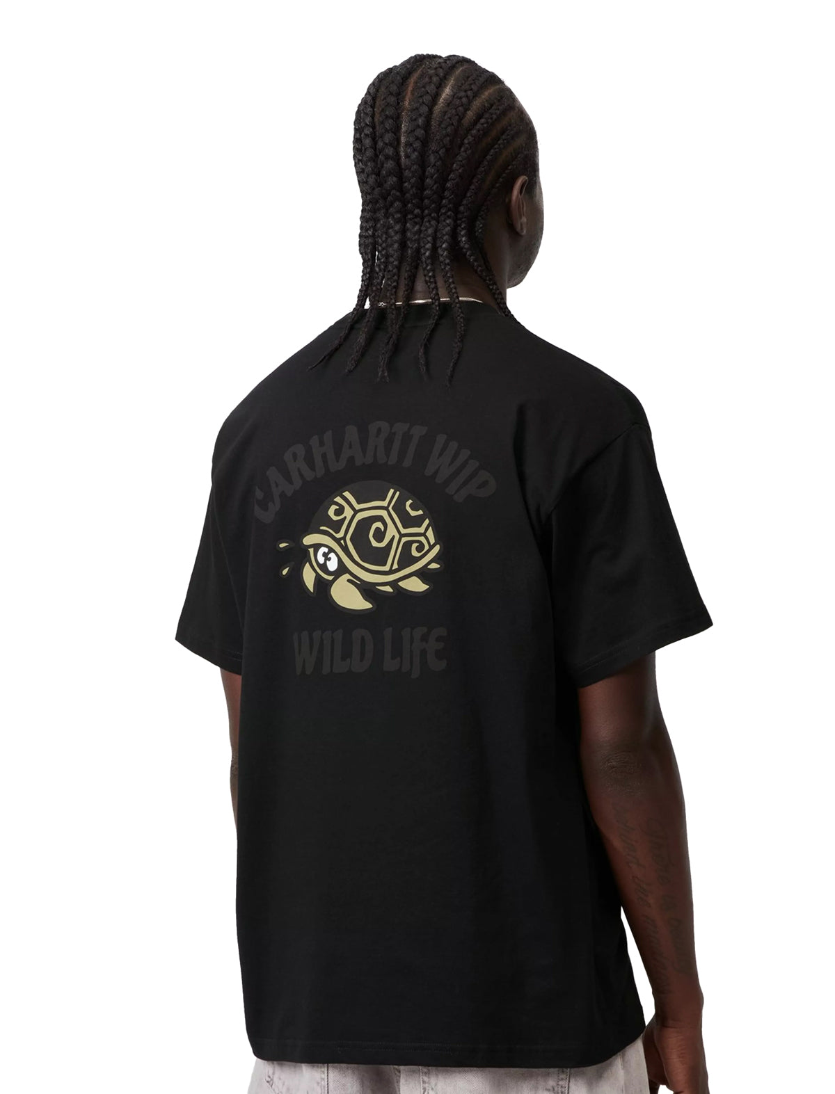 Person wearing a black t-shirt with a turtle graphic and text on the back, on a white background