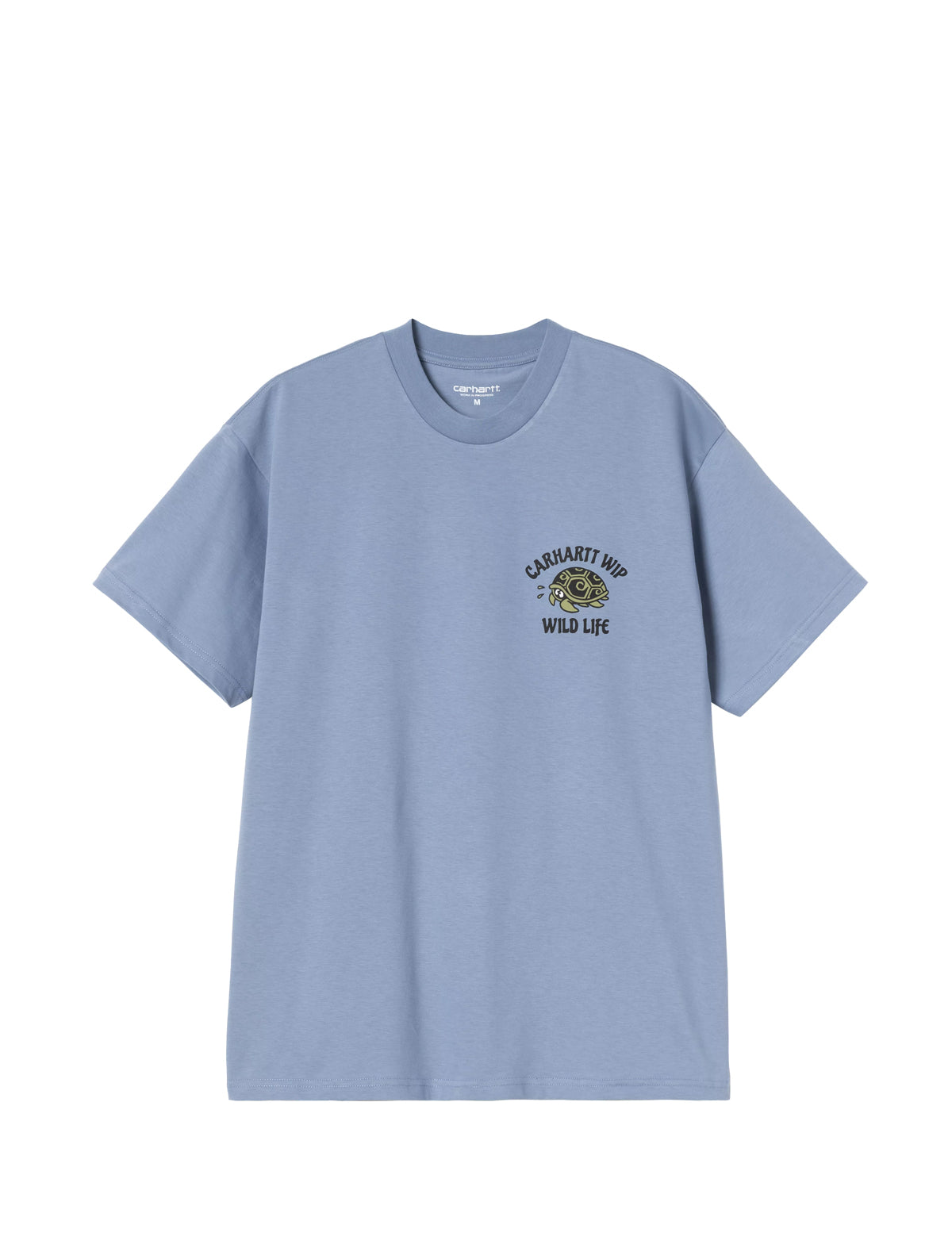 Light blue t-shirt with a logo and text on a white background