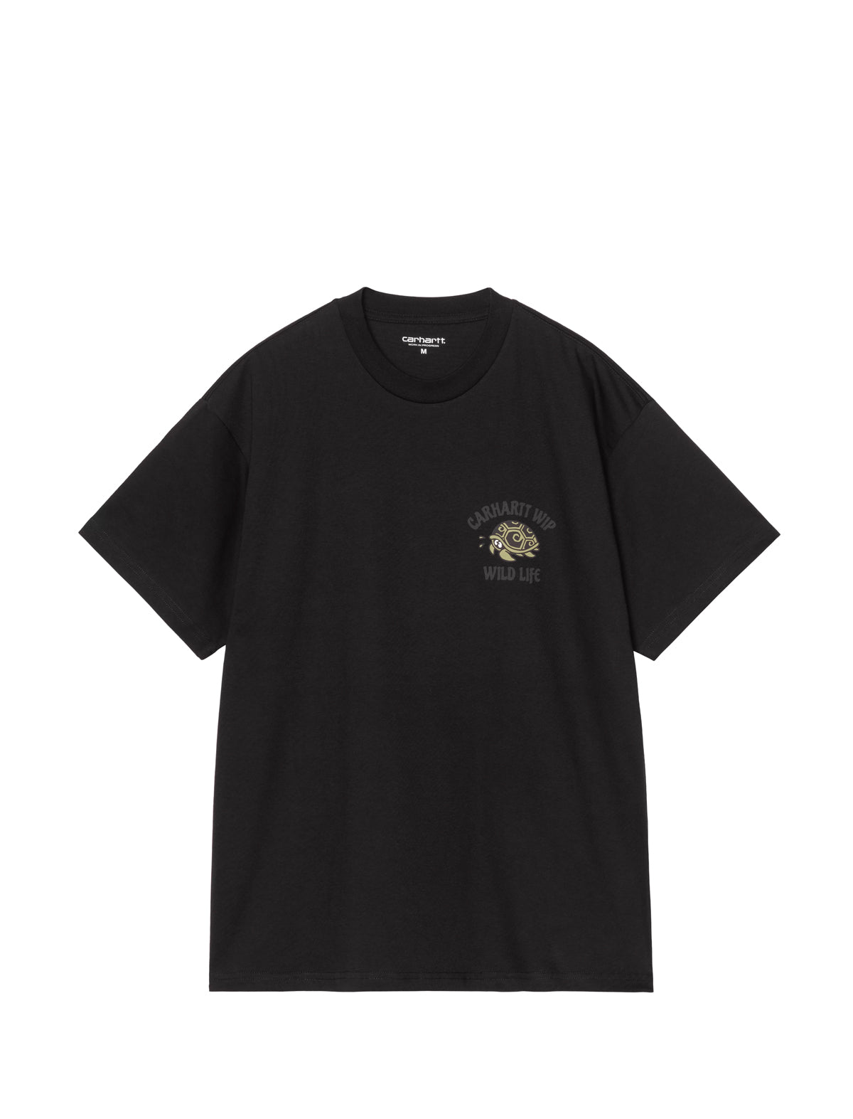 Black t-shirt with a logo on a white background