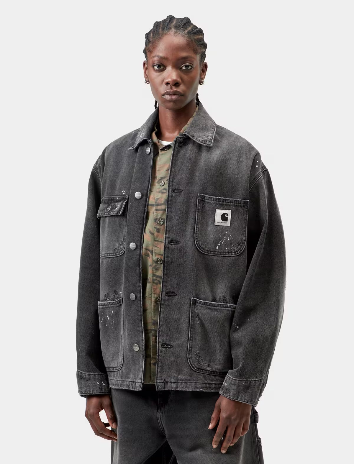 Carhartt WIP Women's Michigan Coat Smithtown Denim Black Destroy Wash Splatter