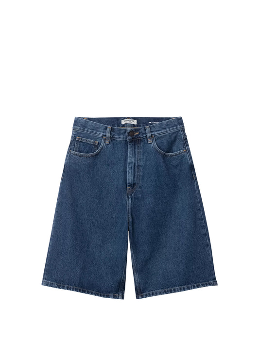 A pair of classic blue denim shorts with a straight, relaxed leg, shown flat against a solid white background.