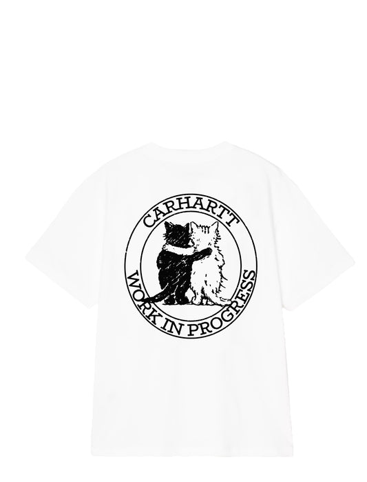 A white short-sleeve t-shirt with a circular black graphic on the front featuring two hugging cats and the text 'CARHARTT' and 'WORK IN PROGRESS'.