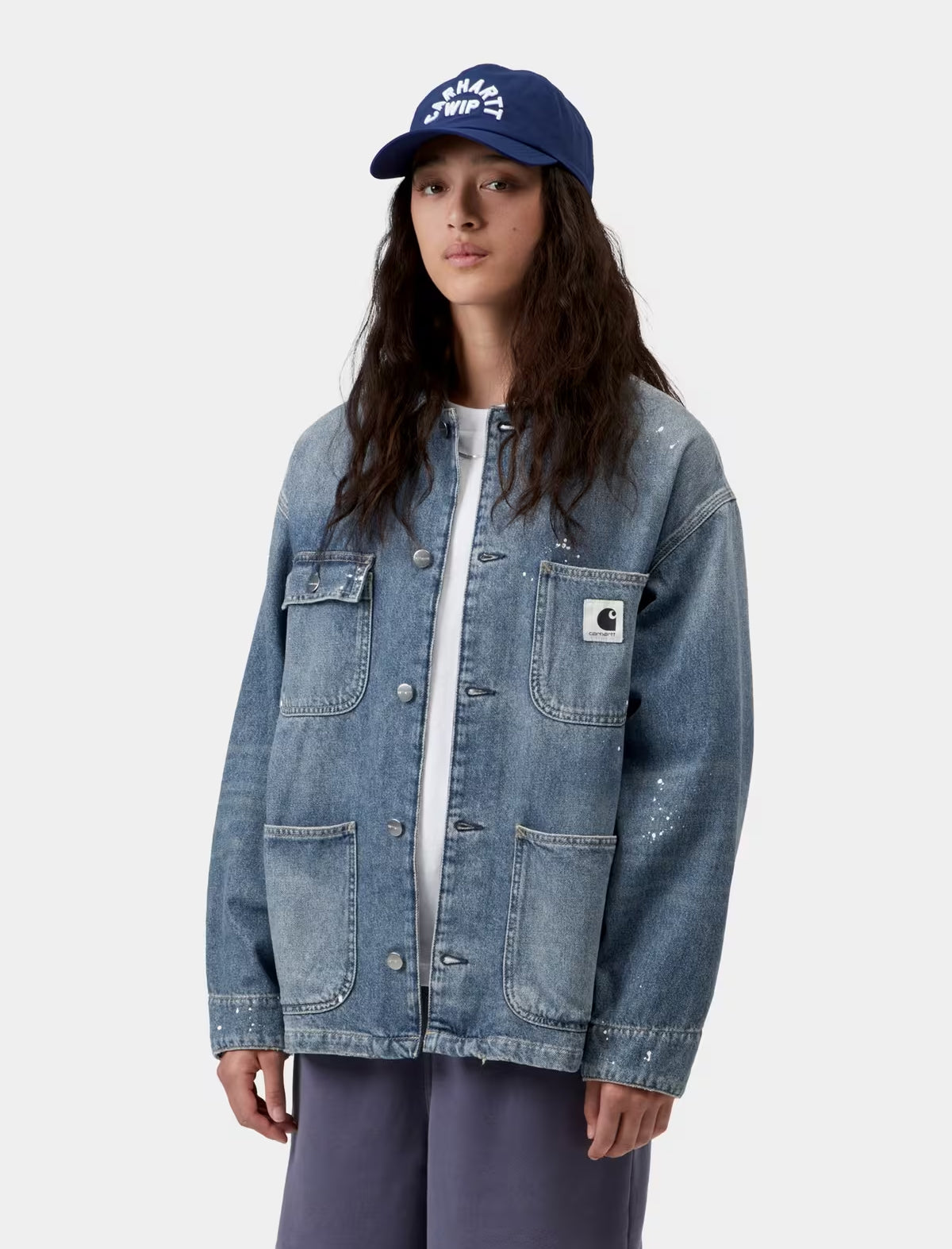 Carhartt WIP Women's Michigan Coat Smithtown Denim Blue Destroy Wash Splatter