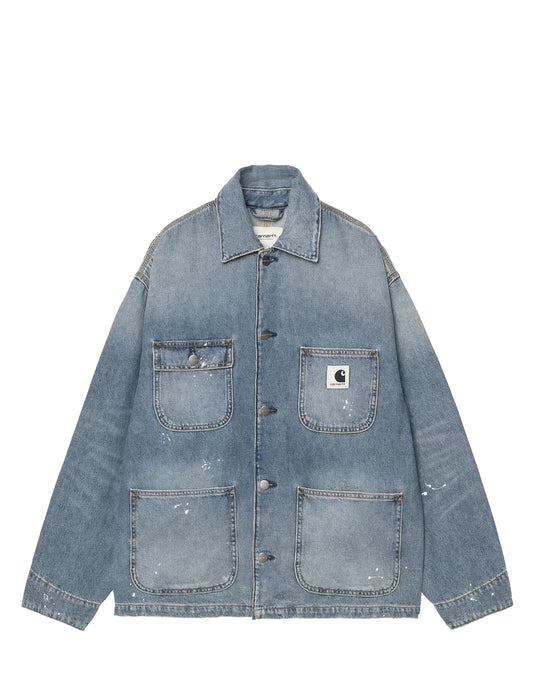 A light blue Carhartt denim jacket with a button-up front, four front pockets, and a small Carhartt logo patch on the chest pocket, shown flat on a white background.