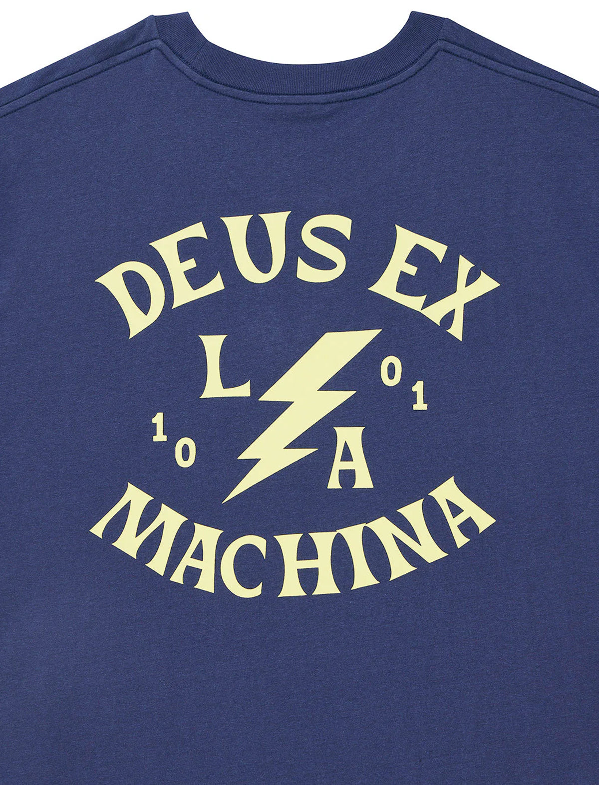 Navy blue shirt with yellow 'Deus Ex Machina' logo on a white background