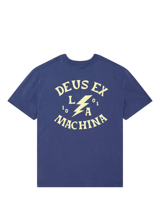 Blue t-shirt with 'Deus Ex Machina' logo on a white background
