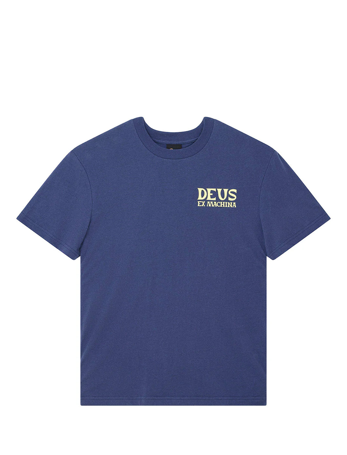 Blue t-shirt with 'DEUS' logo on a white background