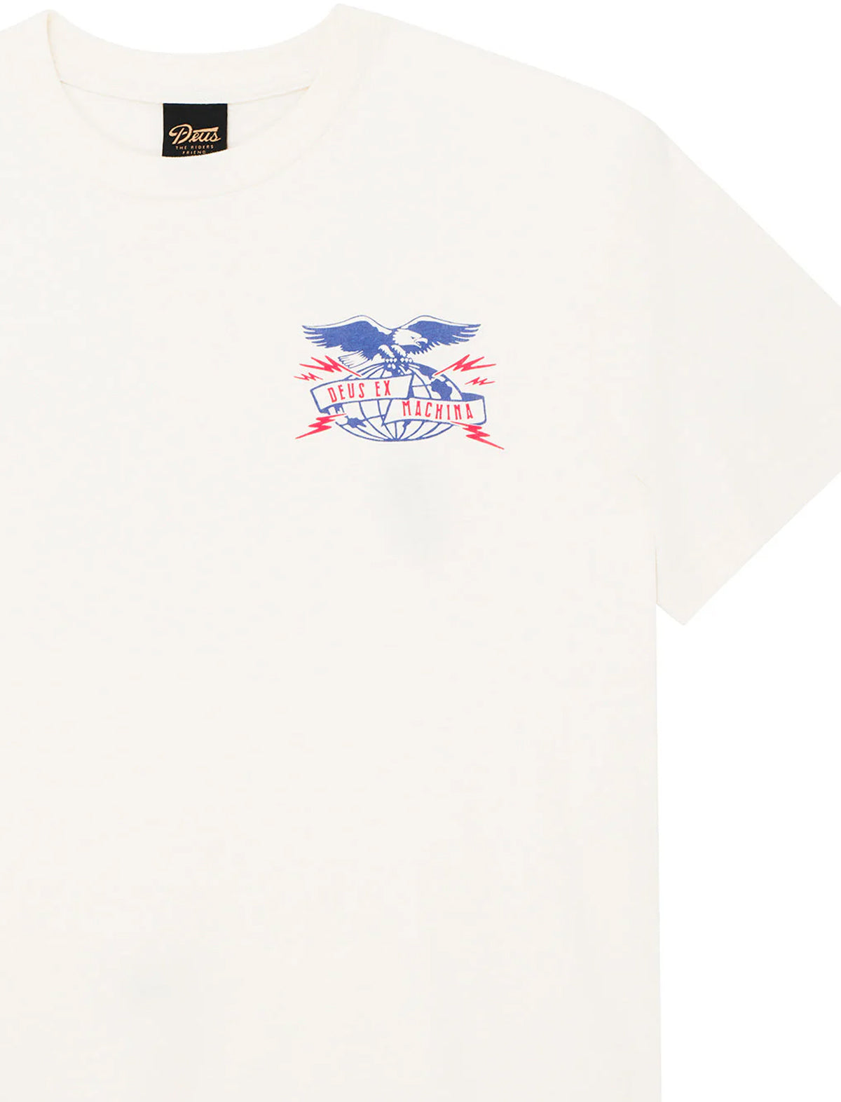 White t-shirt with a logo and text on a white background