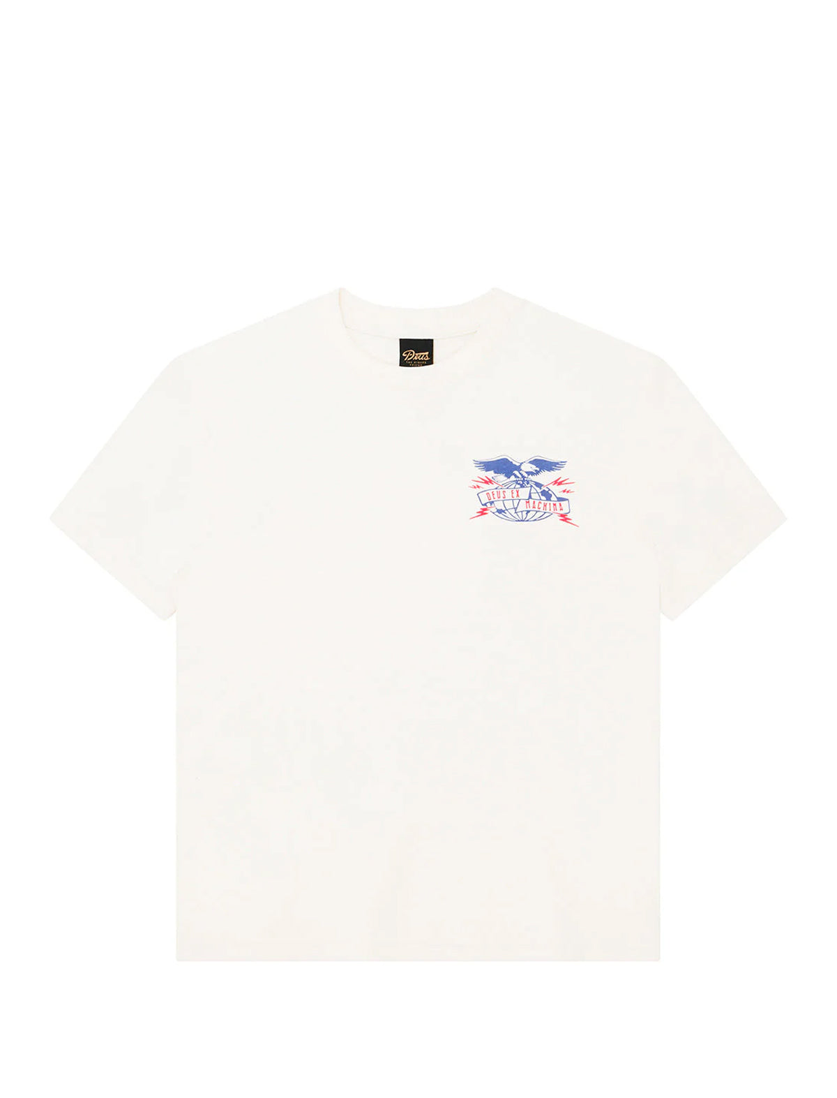 White t-shirt with a colorful logo on a white background