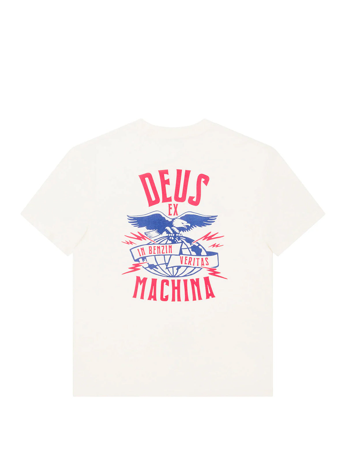 White t-shirt with red and blue graphic design on a white background