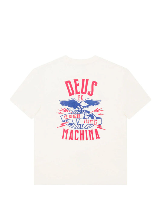 White t-shirt with red and blue graphic design on a white background