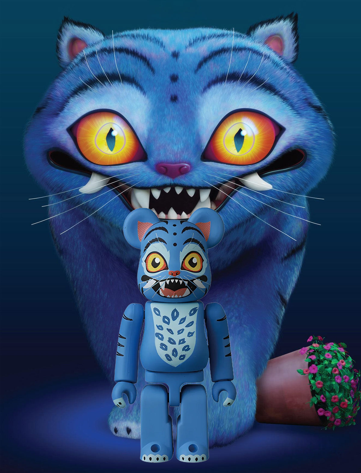 A stylized blue tiger-like bear figure called Derpy from Kpop Demon hunters stands in front of a giant matching Bearbrick Series 52 Derpy.