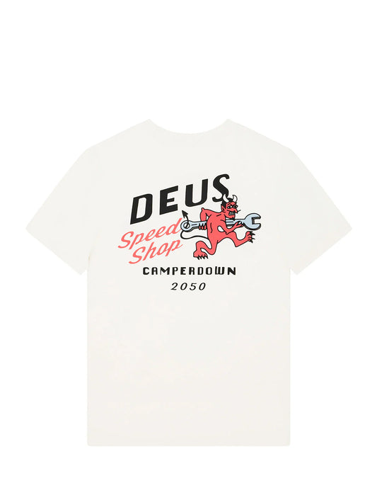 White t-shirt with 'Deus Speed Shop Camperdown 2050' graphic on a white background