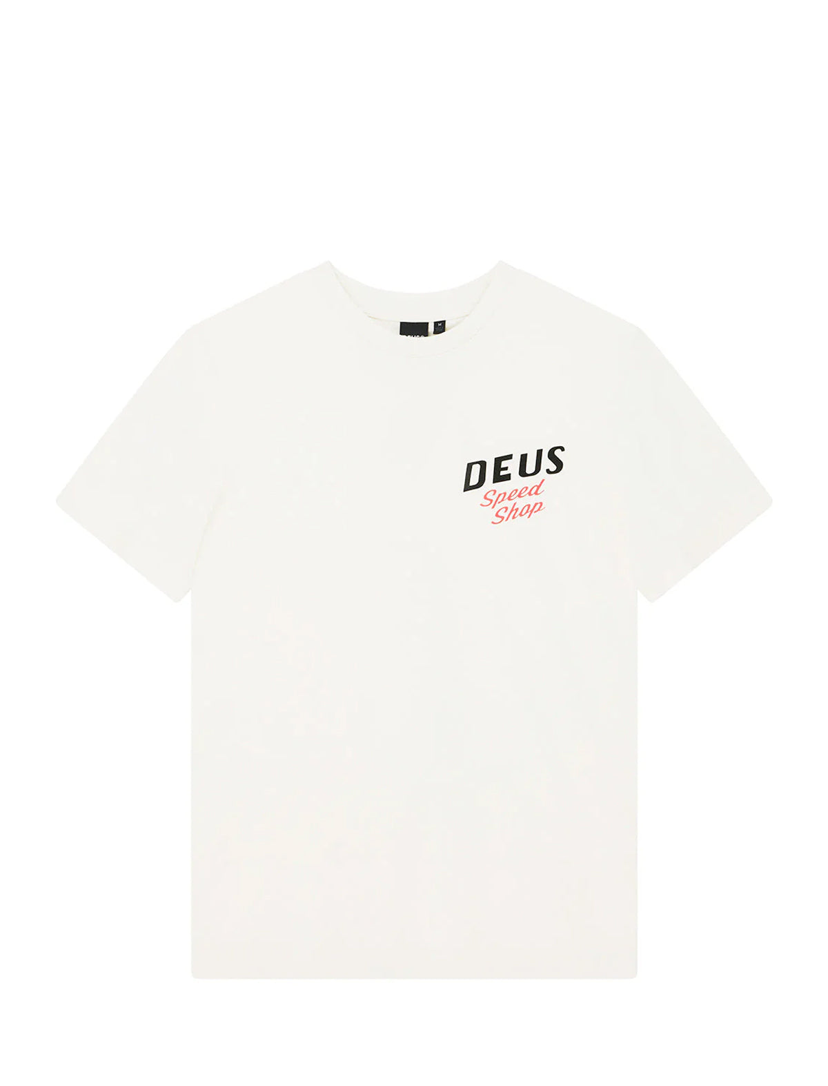White t-shirt with 'DEUS' logo on a white background