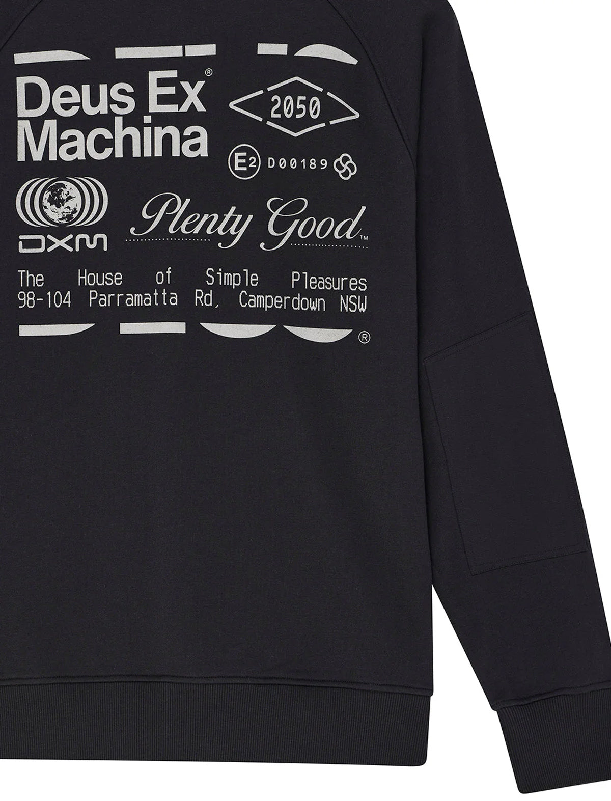 Black sweater with white text and logos on a white background