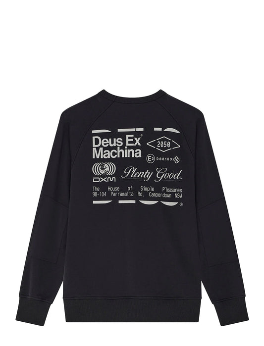 Black sweatshirt with white text and branding on a white background