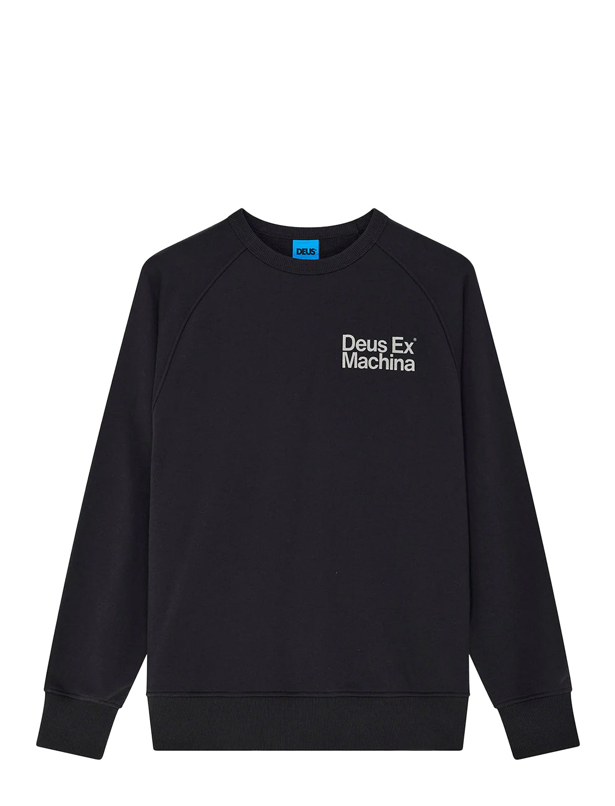 Black sweatshirt with 'Deus Ex Machina' text on a white background