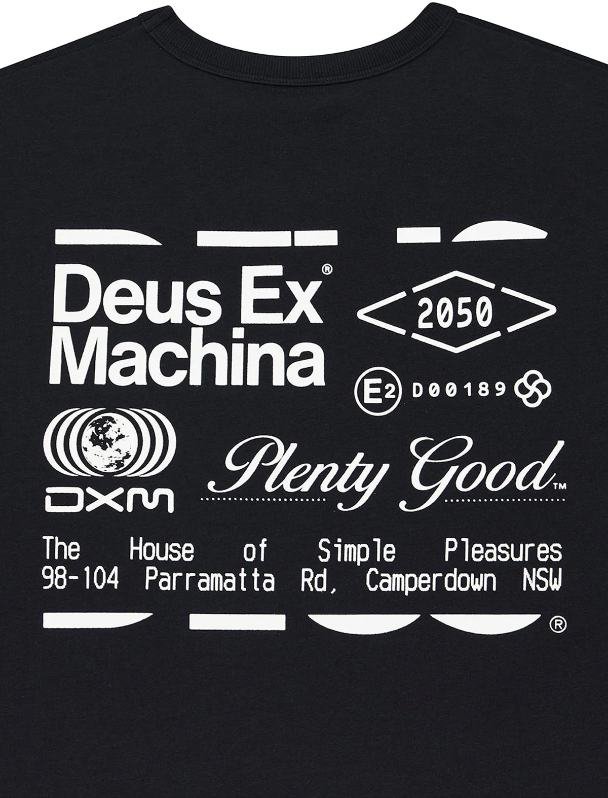 Black t-shirt with white text and logos on a black background