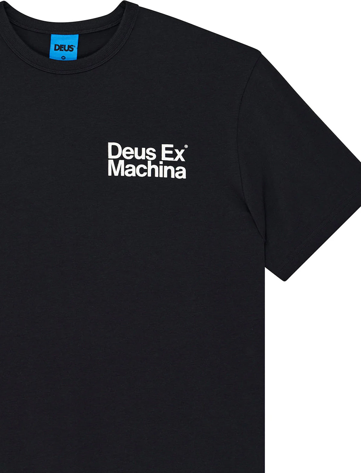 Black t-shirt with 'Deus Ex Machina' text on a white background