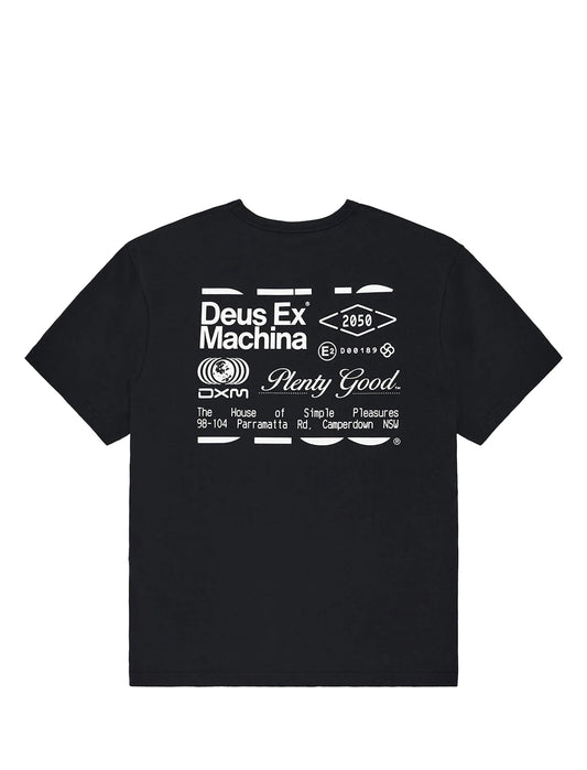 Black t-shirt with white Deus Ex Machina  text and graphics on a white background