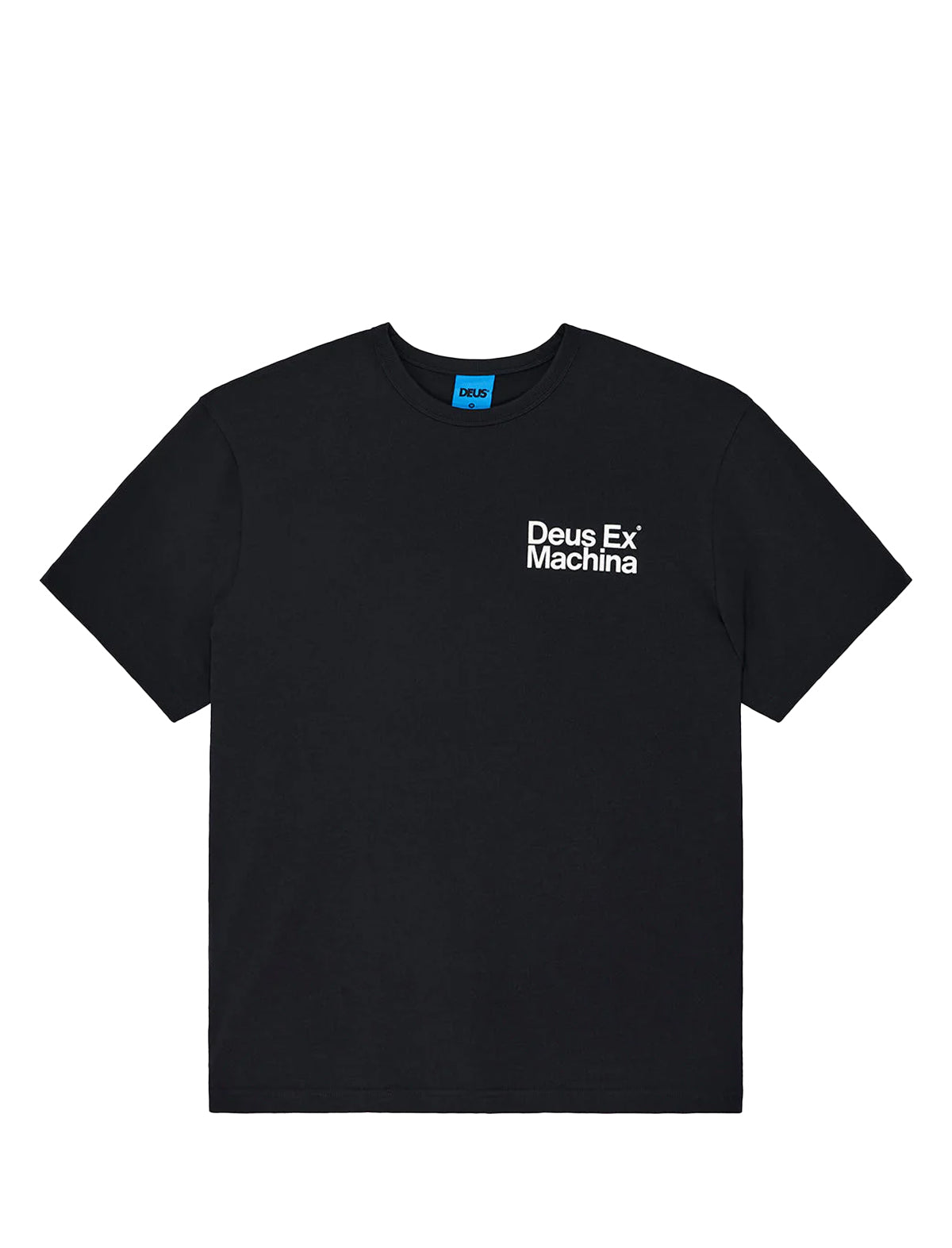 Black t-shirt with 'Deus Ex Machina' logo on a white background