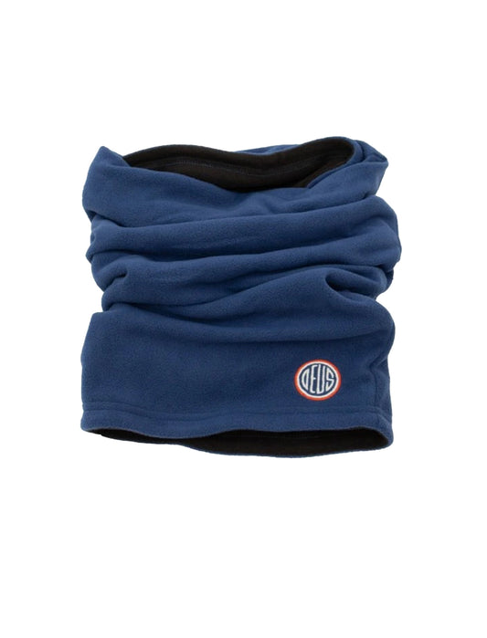 Deus Ex Machina Blue neck gaiter with a logo on a white background