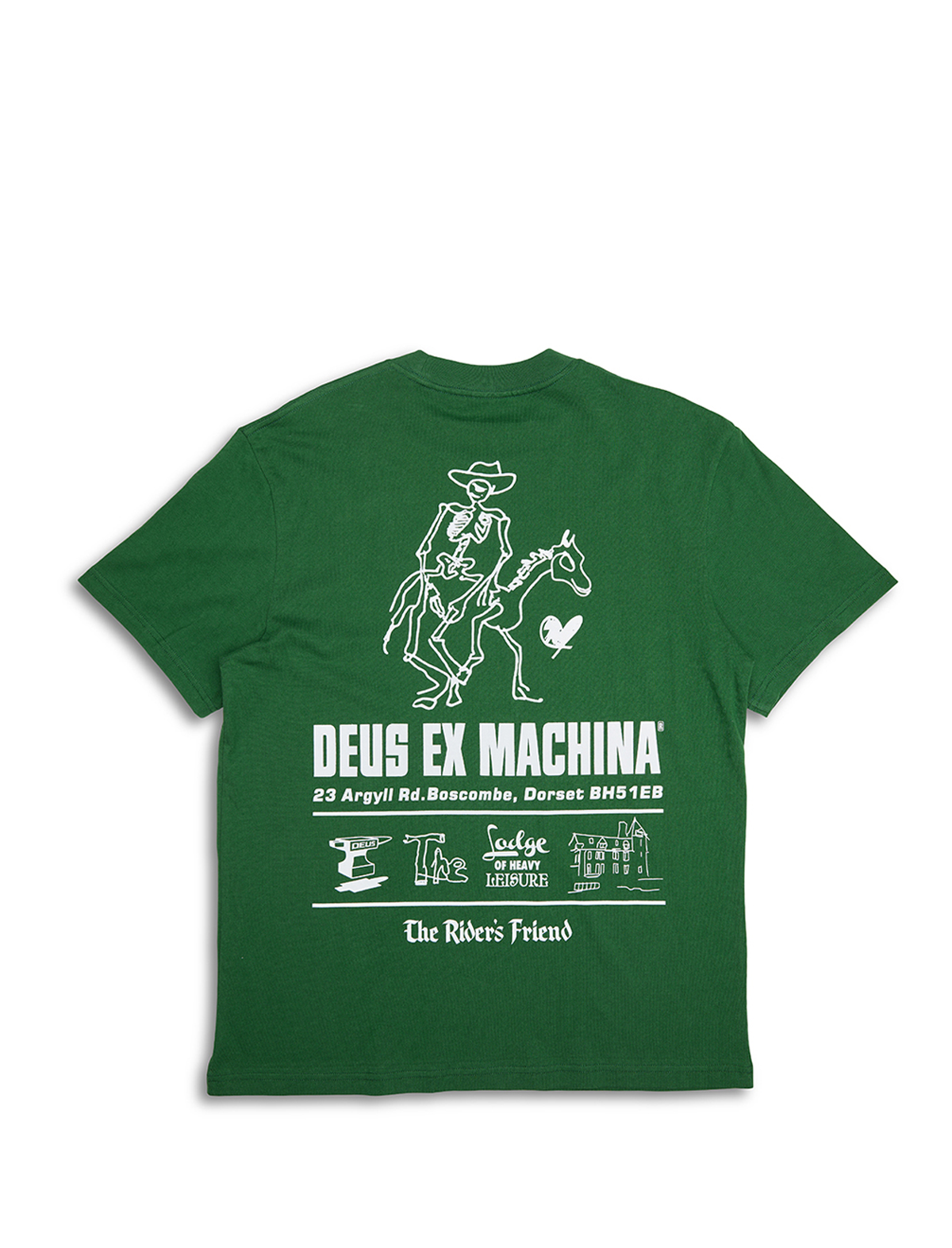 Deus Ex Machina 'The Riders Friend' Boscombe Address Tee Hillside Green