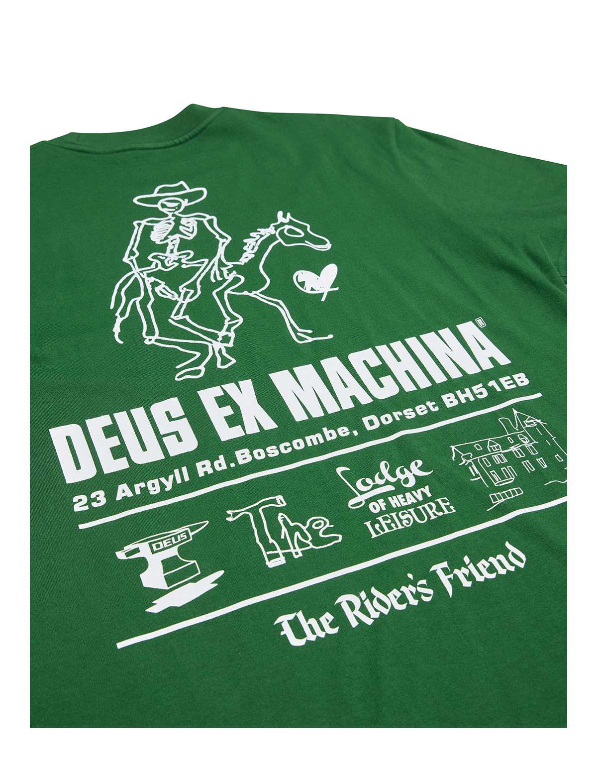 Deus Ex Machina 'The Riders Friend' Boscombe Address Tee Hillside Green