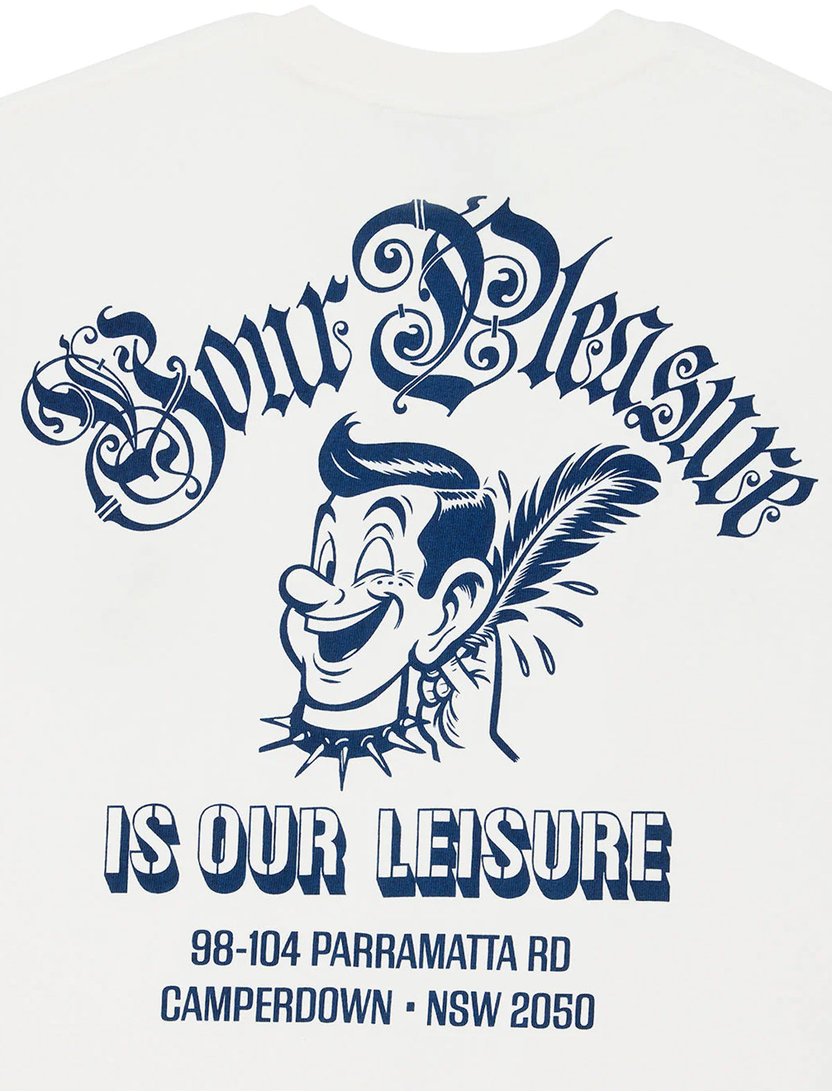 White t-shirt with blue graphic design featuring a cartoon character and text on a white background