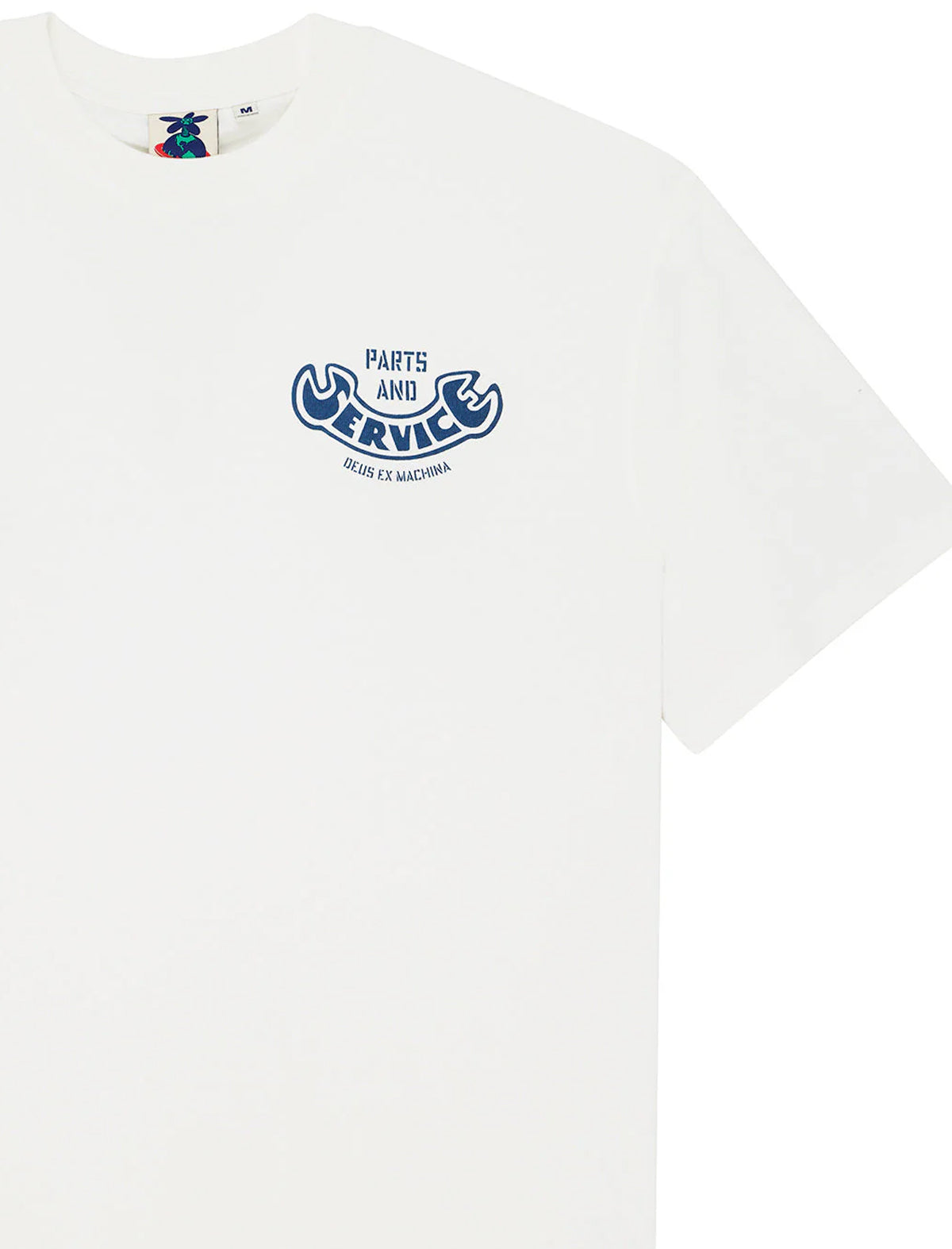 White t-shirt with blue graphic design on a white background