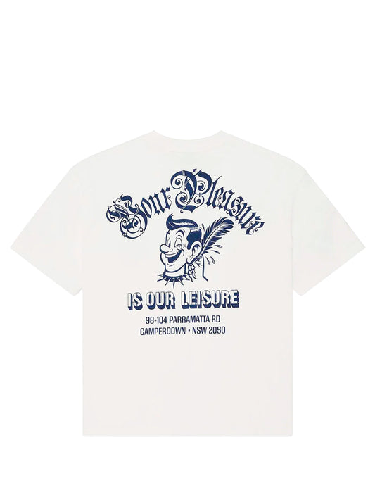 White t-shirt with blue graphic design and text on a white background