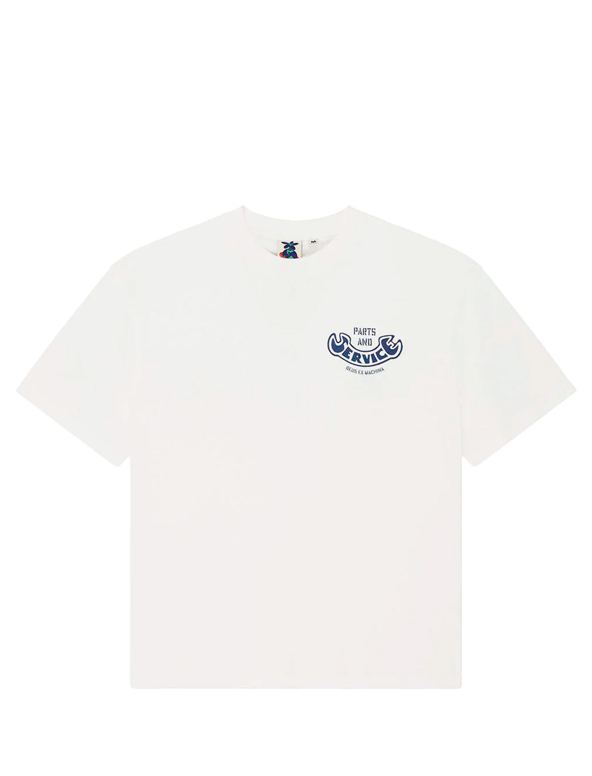 White t-shirt with a blue logo on a white background