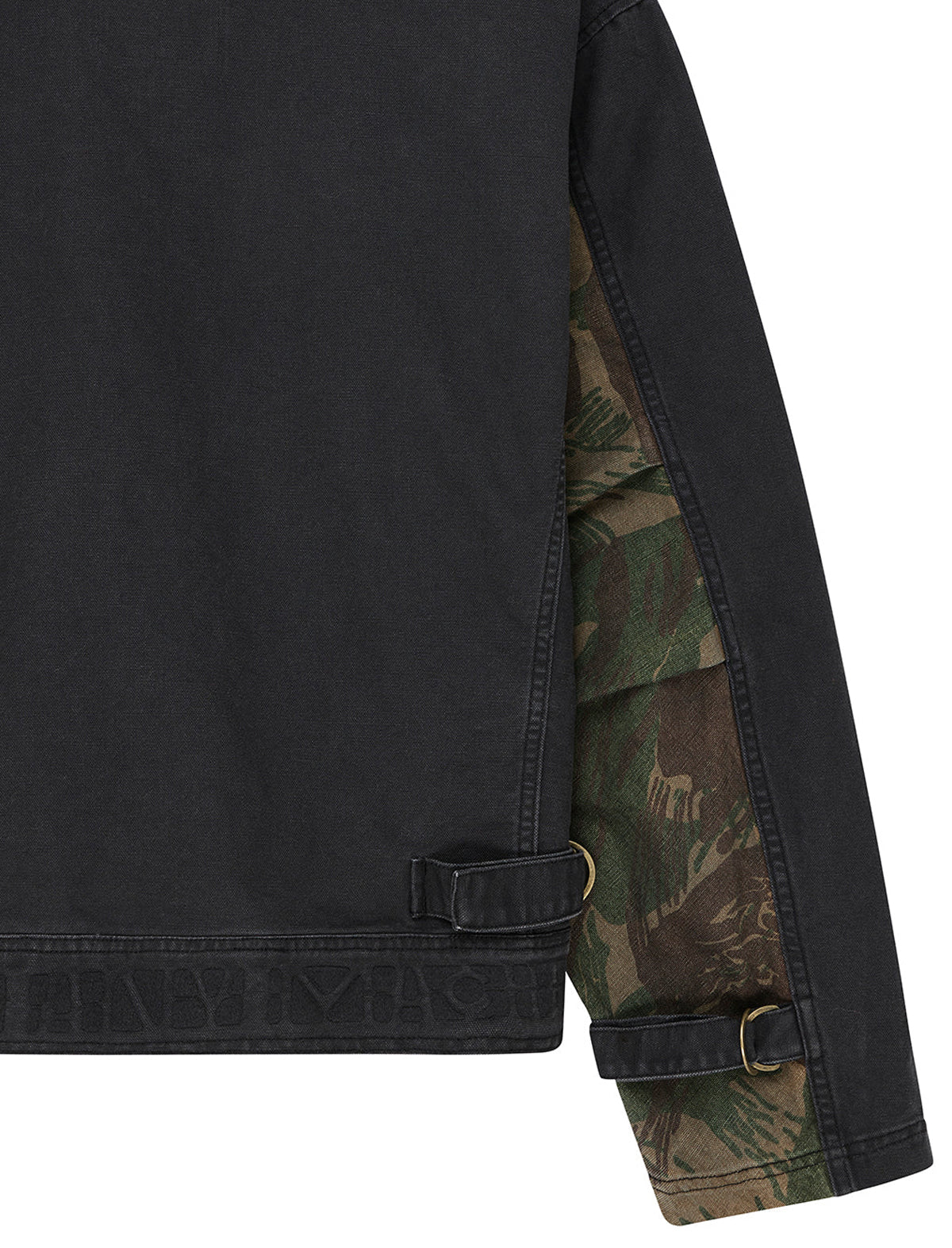 Close-up of a black jacket sleeve showing a camouflage-patterned lining under the cuff and a matching embossed logo along the hem.
