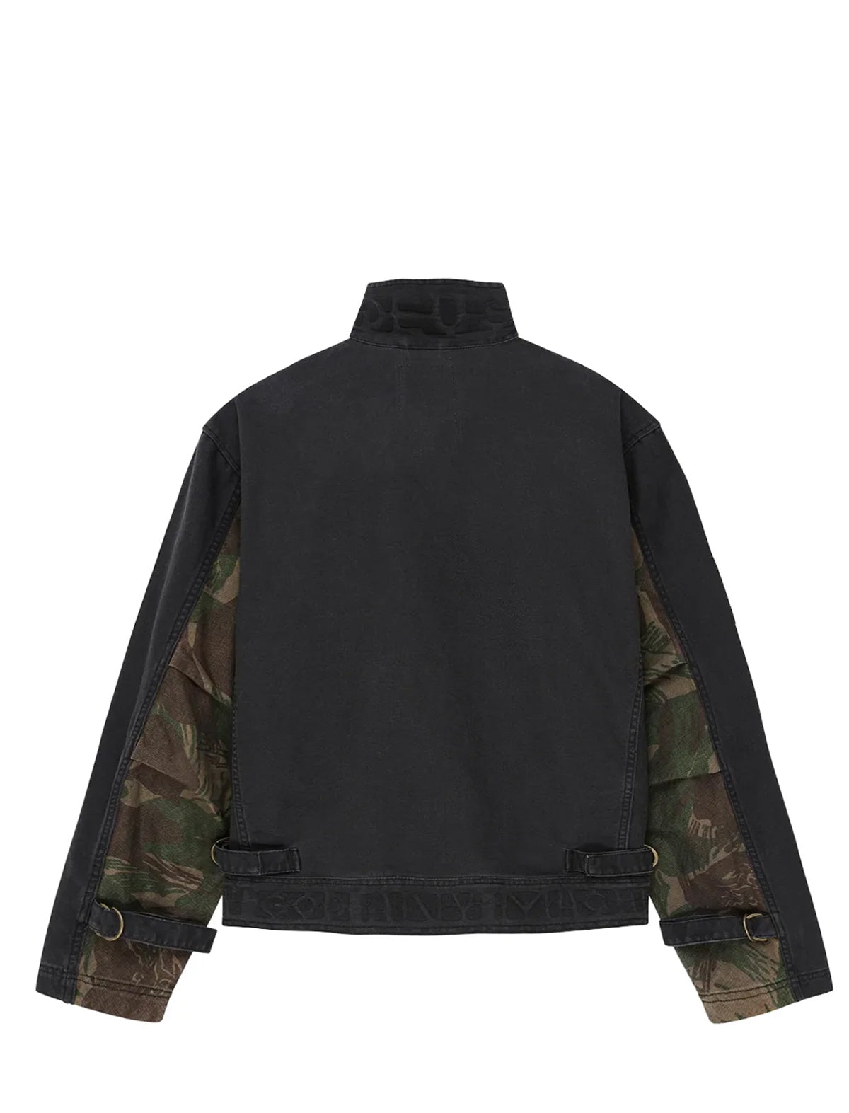 A black canvas jacket shown from the back, featuring camouflage-patterned elbow patches and matching camouflage cuffs with metal snap details.