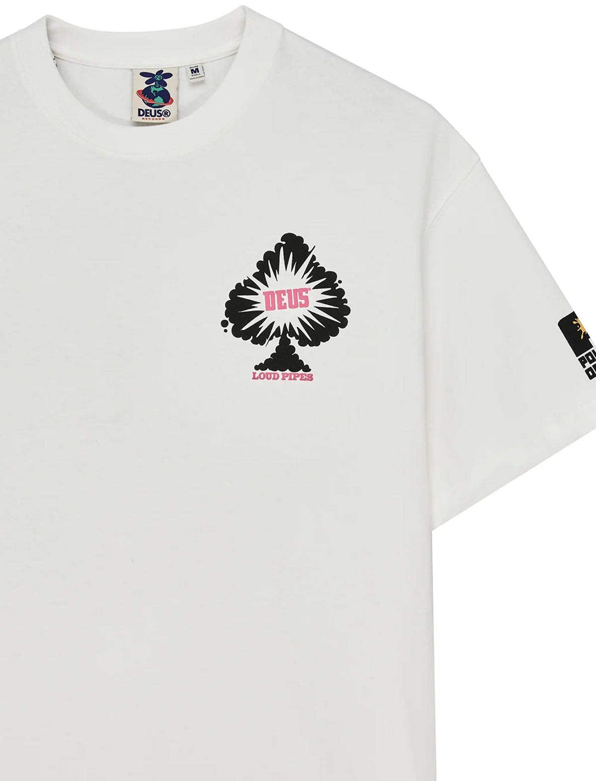 A white short-sleeve crewneck t-shirt by Delusions, featuring a black and pink graphic on the left chest with the text 'DELUSIONS' and 'LOST TRIBE'.