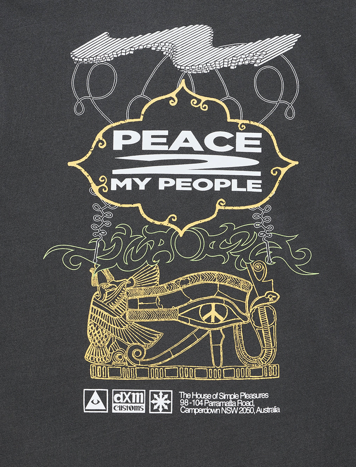 A dark charcoal gray graphic print featuring a stylized white and gold illustration with the words 'PEACE MY PEOPLE' in a decorative badge, plus a small venue and DXM Customs logo at the bottom.