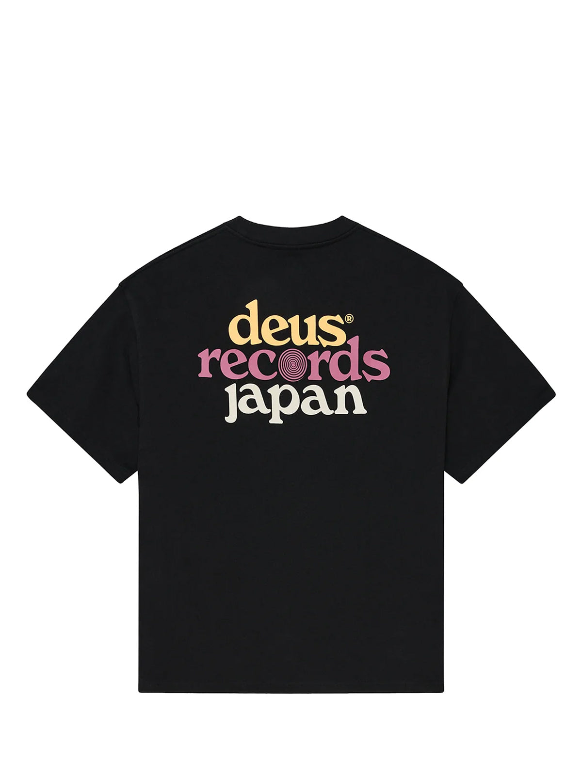A black short-sleeve t-shirt with a retro graphic print on the chest reading 'deus records japan' in yellow, pink, and white lettering, shown against a plain white background.