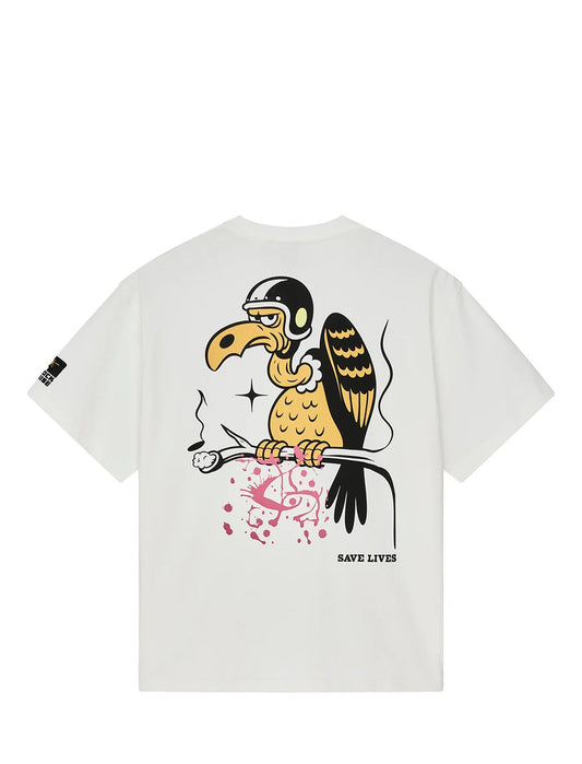 A white short-sleeve t-shirt shown from the back, featuring a large graphic of a cartoon vulture holding a cigarette with pink smoke and splatters, and the text 'SAVE LIVES' printed below.