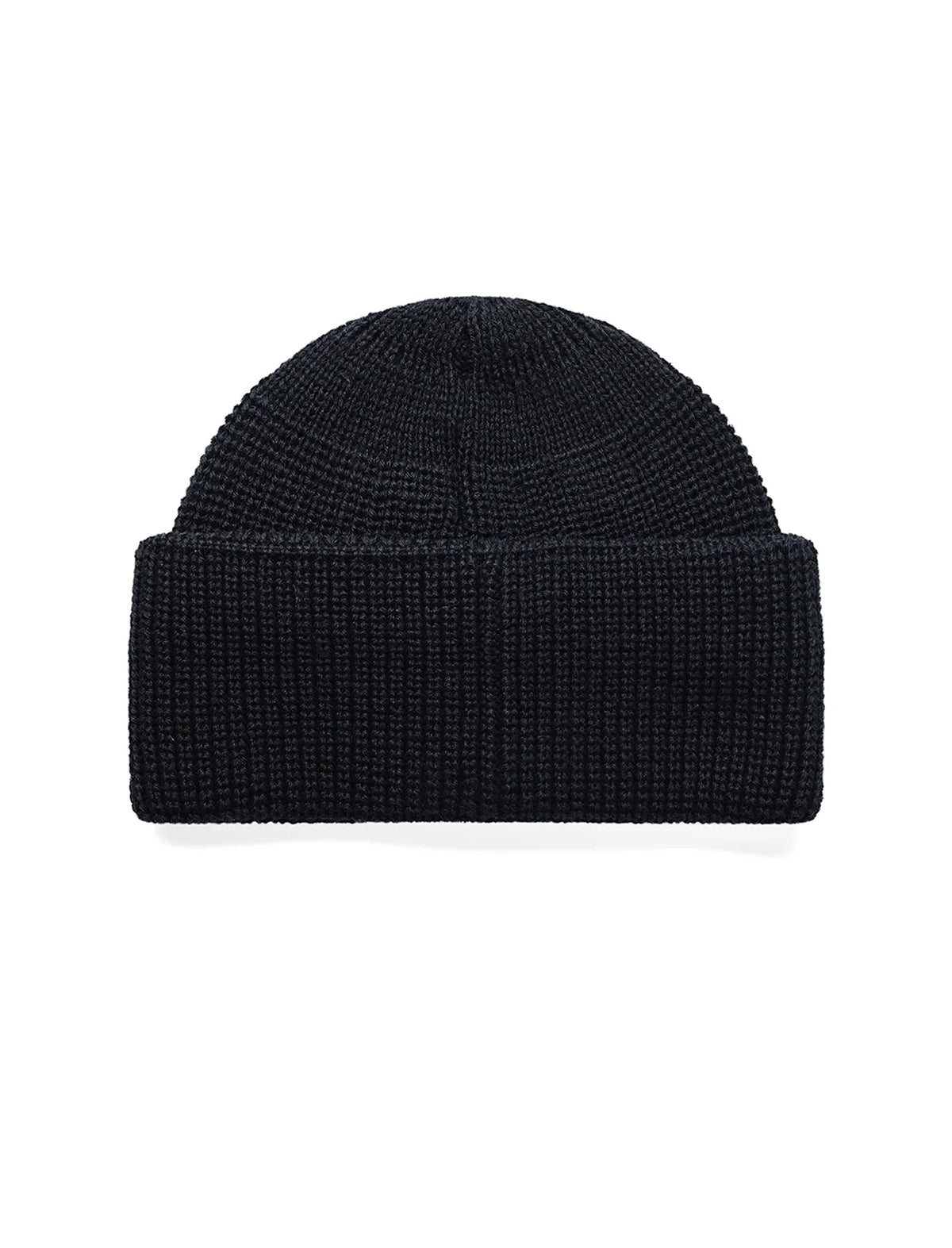A classic ribbed knit beanie hat in solid black, presented flat against a clean white background.