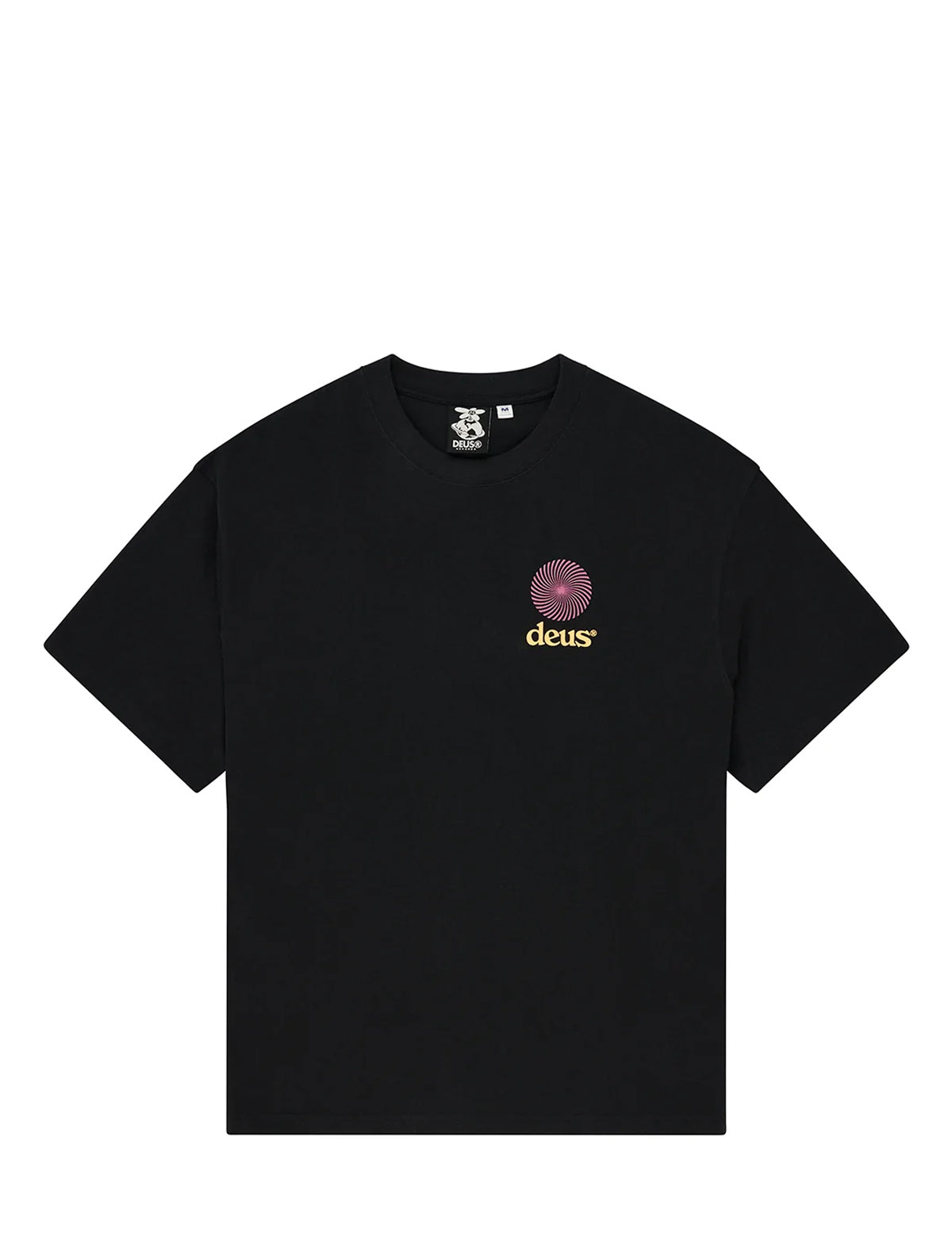 A black short-sleeve crewneck t-shirt featuring a small circular graphic and the word 'deus' in yellow on the left chest, displayed against a solid white background.