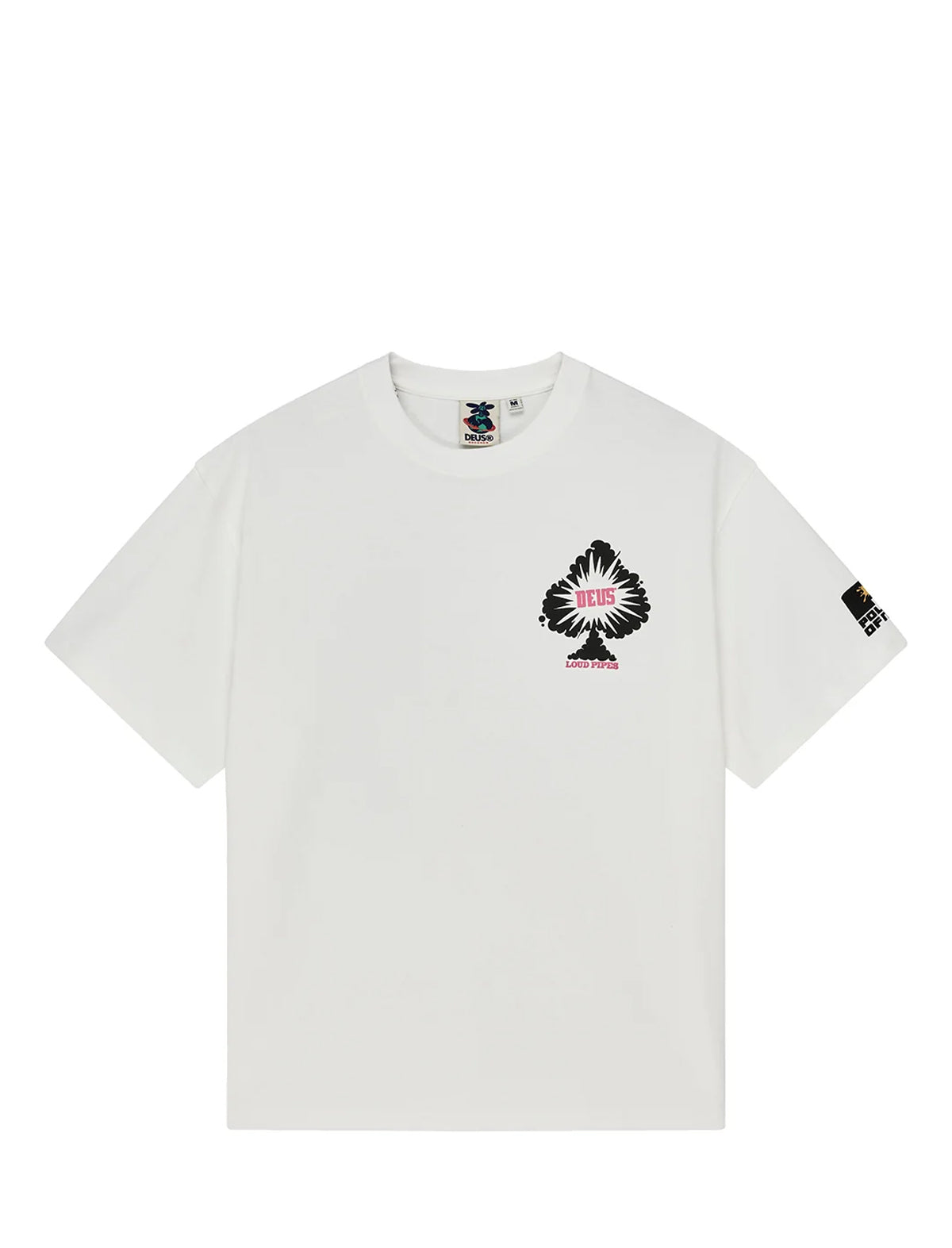 A white short-sleeve crewneck t-shirt featuring a black and pink spade graphic on the left chest, with a small black brand patch on the right sleeve.