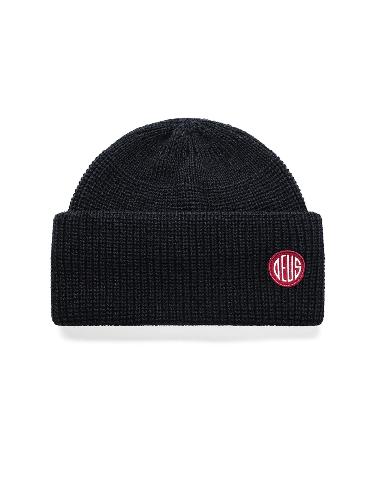 A black ribbed knit beanie hat featuring a small circular red and white embroidered logo on the front cuff, displayed against a clean white background.
