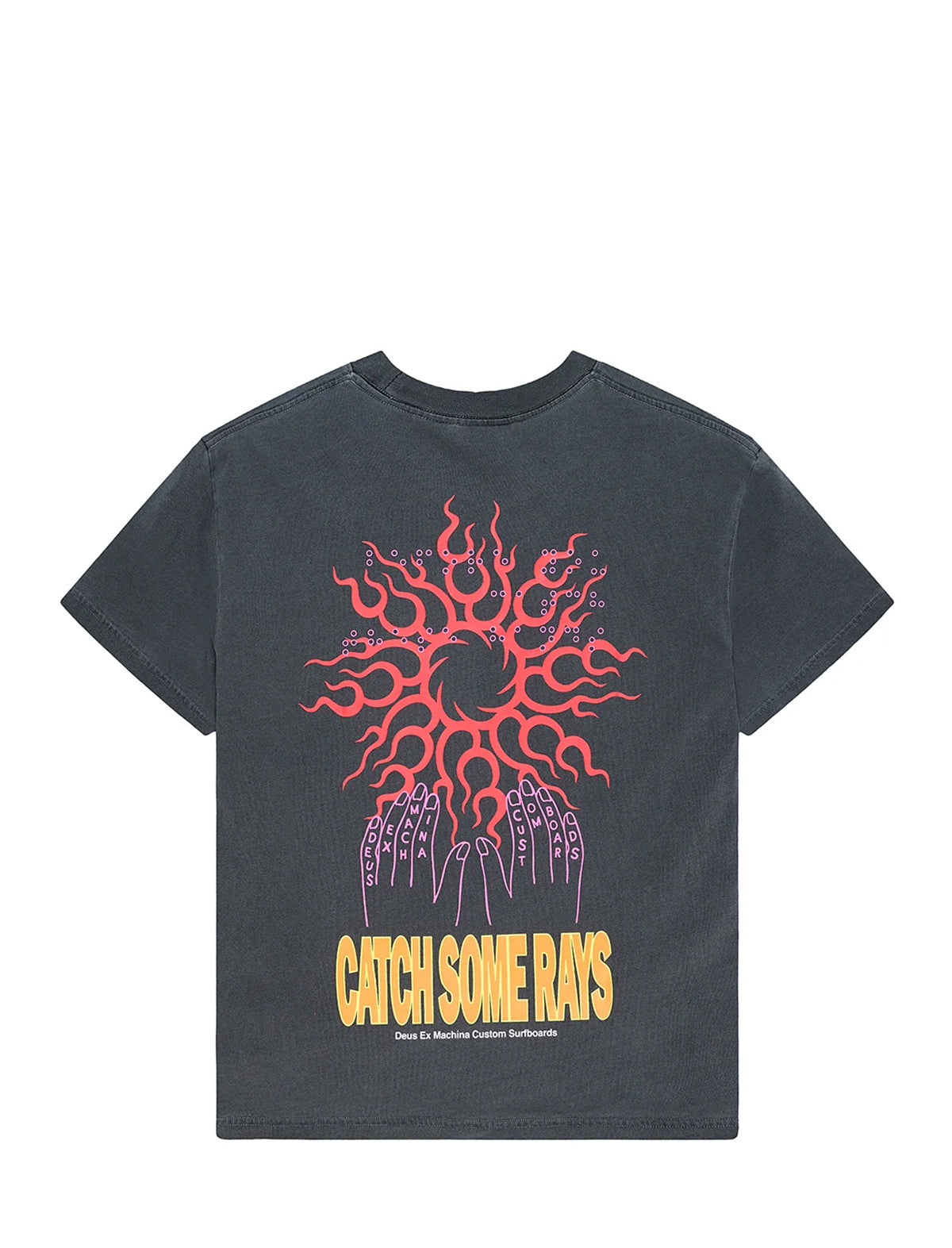 A dark gray washed graphic t-shirt featuring a red and purple sunburst design with the text 'CATCH SOME RAYS' in yellow, displayed on a clean white background.
