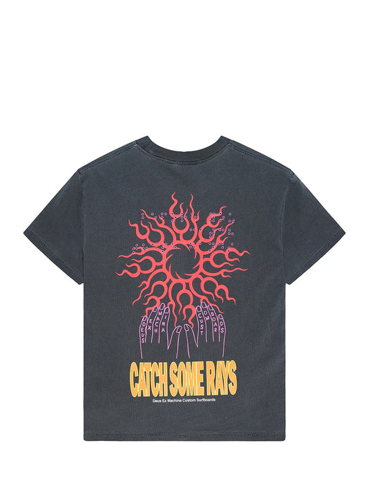 A dark gray washed graphic t-shirt featuring a red and purple sunburst design with the text 'CATCH SOME RAYS' in yellow, displayed on a clean white background.