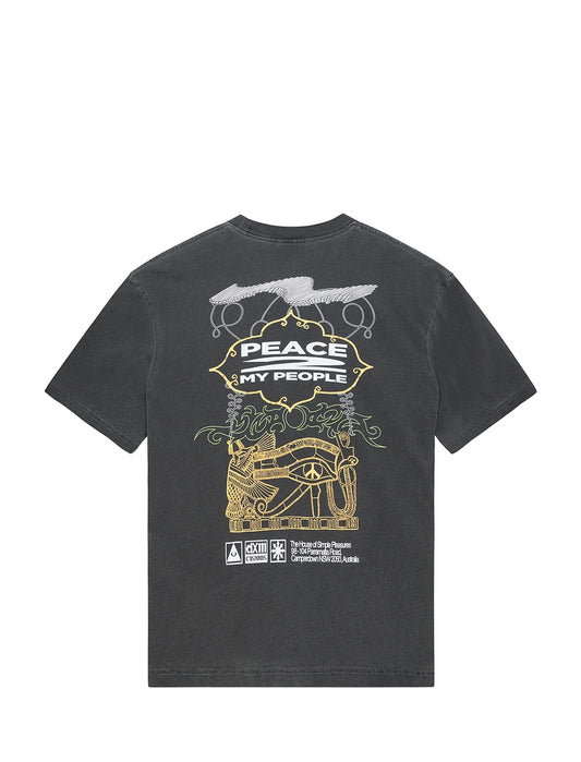 A dark gray washed short-sleeve t-shirt shown from the back, featuring a large graphic print with the text 'PEACE MY PEOPLE' and an eye motif in white and yellow-green.