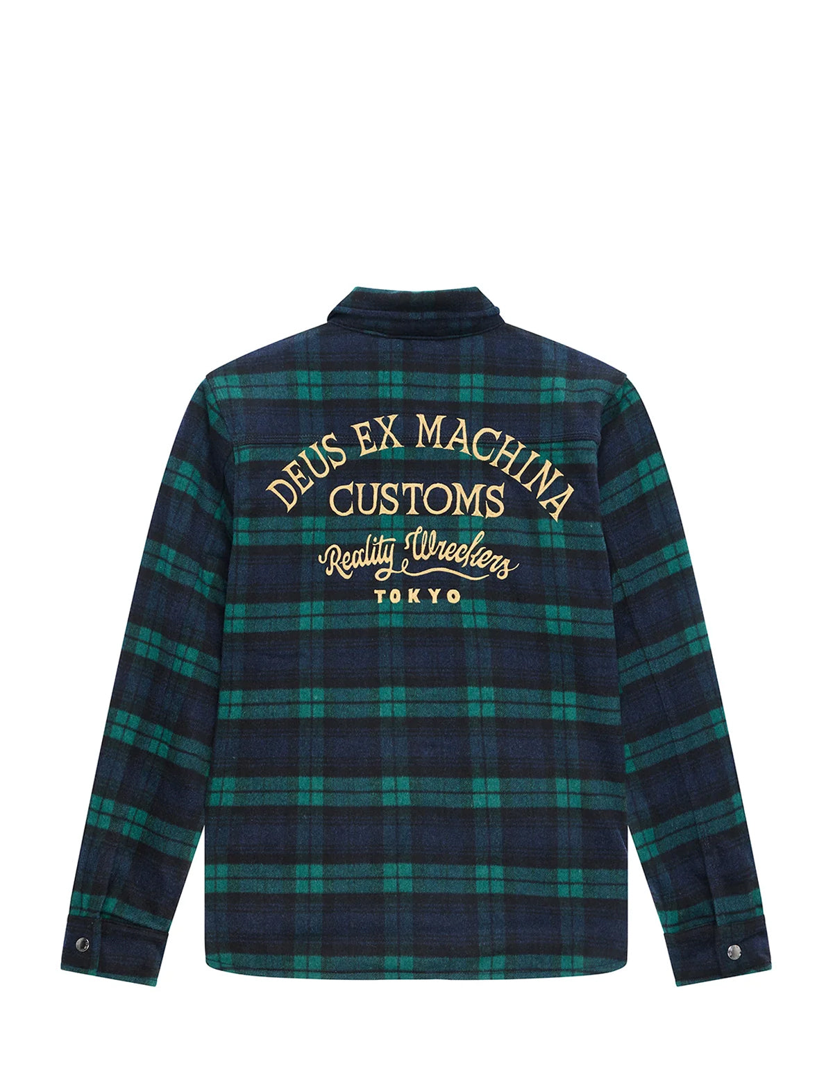 A long-sleeve plaid flannel shirt shown from the back, featuring a dark green and navy blue tartan pattern with gold embroidered text reading 'DEUS EX MACHINA CUSTOMS Reality Wreckers TOKYO'.