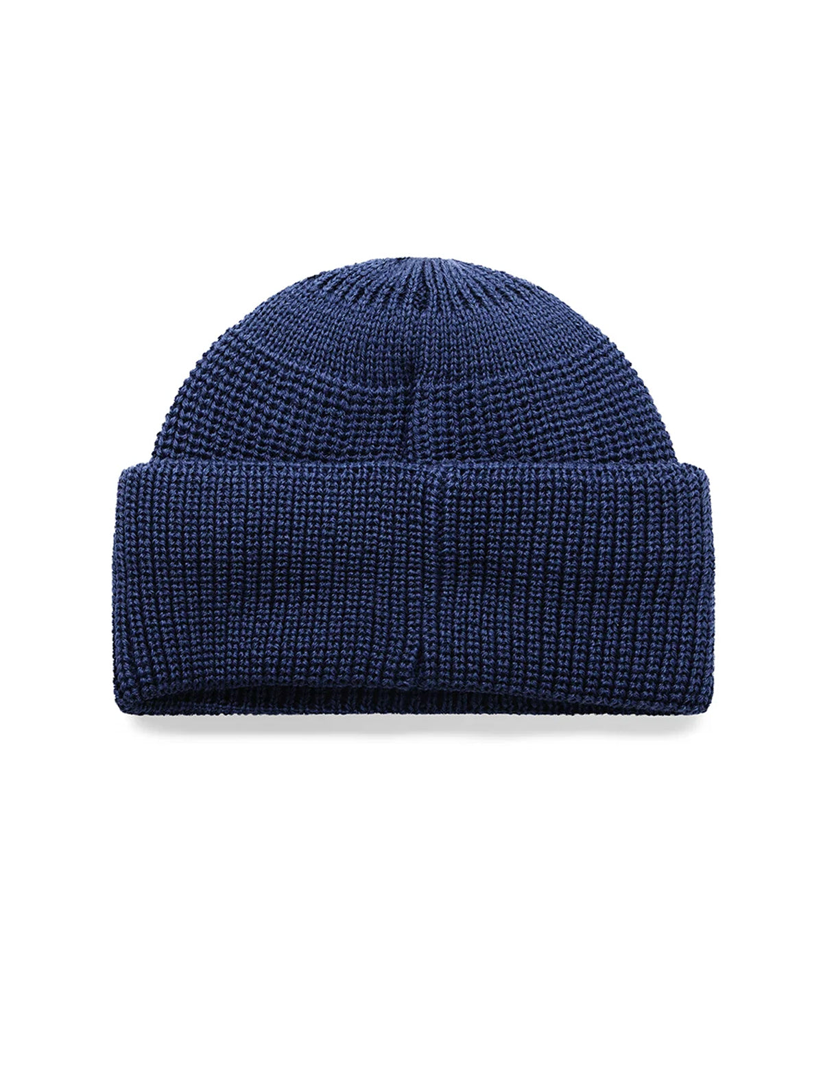 A navy blue ribbed knit beanie hat, shown flat against a solid white background.