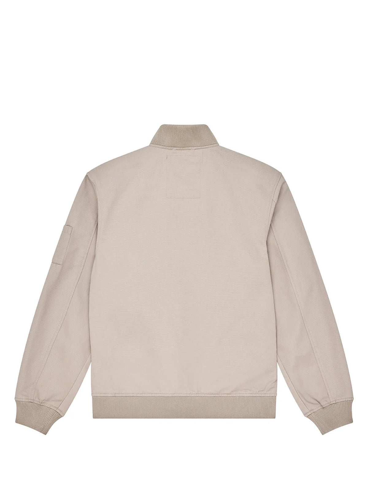 A light beige jacket shown from the back, featuring a ribbed collar, cuffs, and hem, displayed on a clean white background.