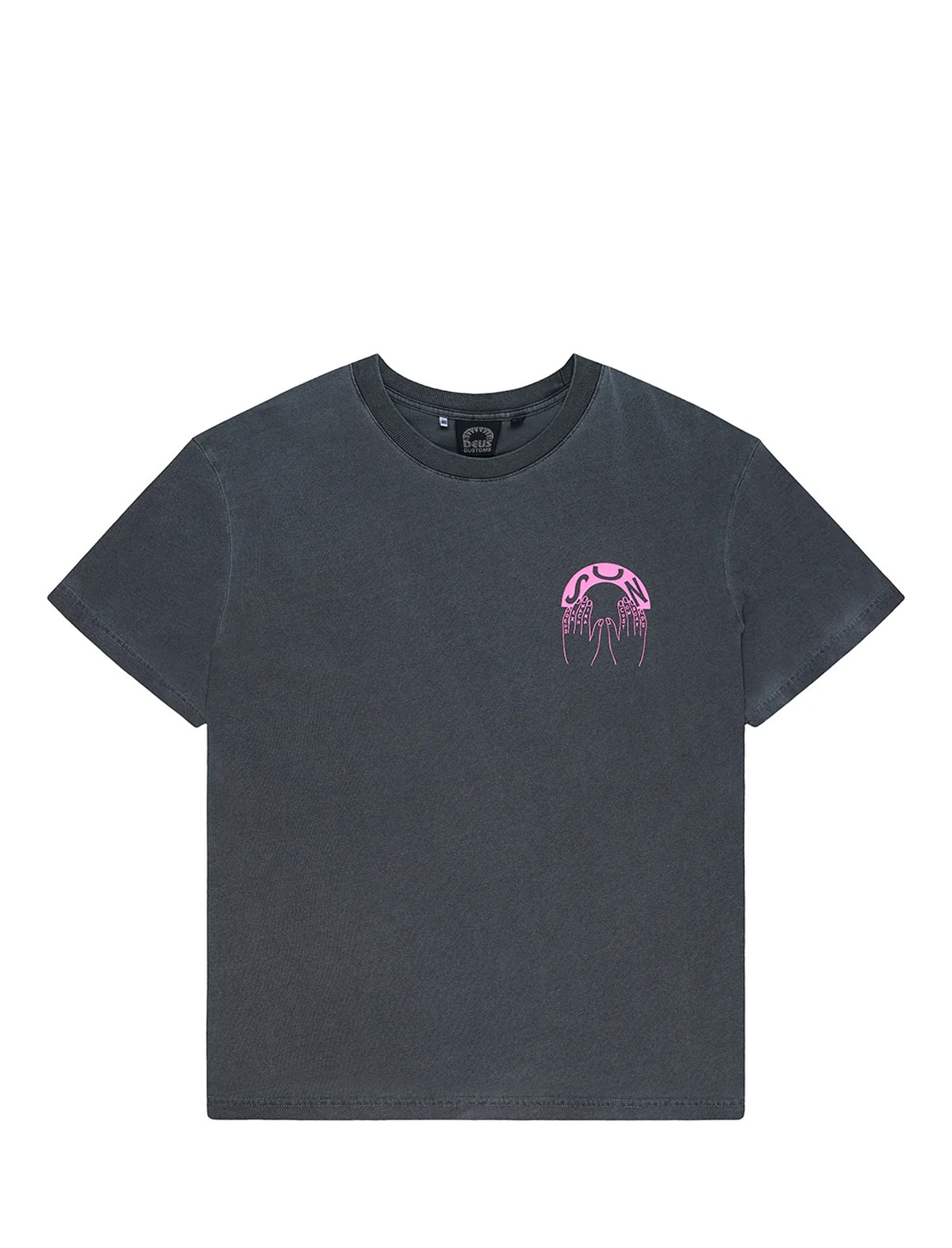 A dark charcoal gray short-sleeve t-shirt with a small pink dripping graphic on the left chest, displayed flat against a solid white background.