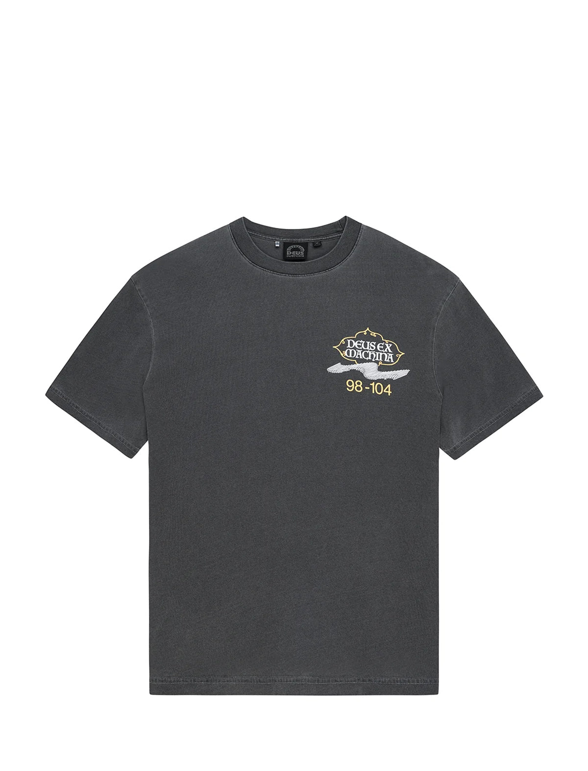 A dark gray washed short-sleeve t-shirt with a small graphic on the left chest featuring a gold crown, white text reading 'FINGERPRINT', and '98-04' below it, displayed on a solid white background.